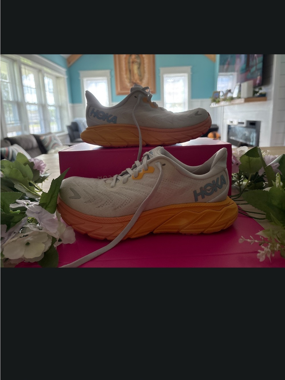 hoka running shoes beige orange size 5.5